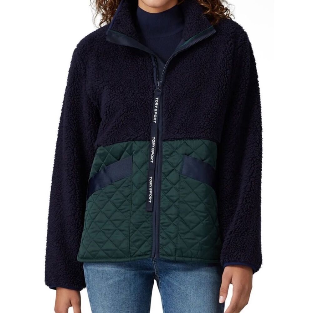 TORY SPORT BY TORY BURCH Sherpa Fleece Quilted Zip Jacket Navy Green Large
